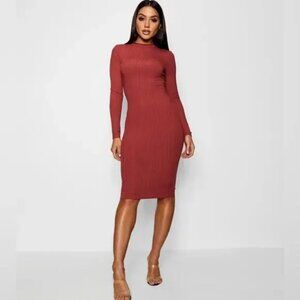 Boohoo NWT Ribbed High Neck Long Sleeve Bodycon Midi Dress in Chestnut NWT/NEW B